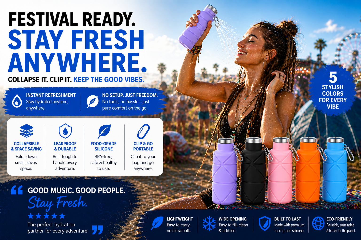Anywhere Bottle clipped to a hiking backpack