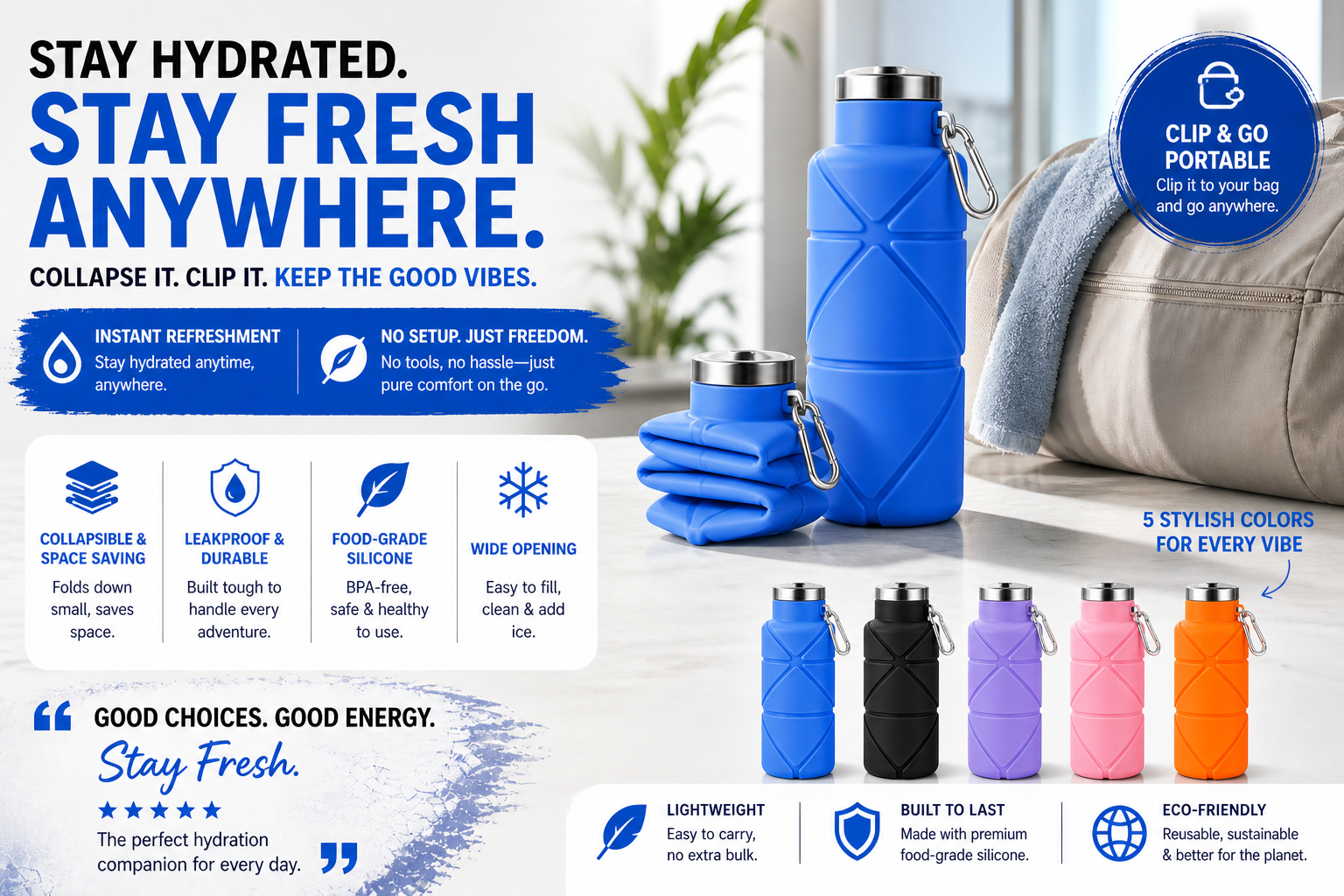 Anywhere Bottle on a wooden bench beside a yoga mat and towel
